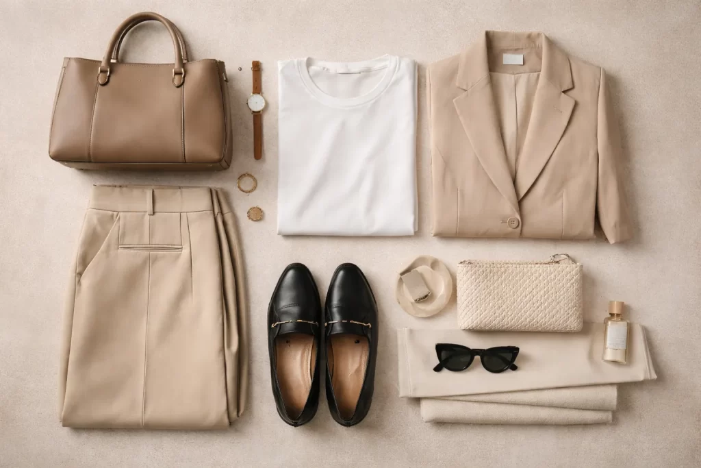 Verzameling van luxe basics kleding items inclusief T-shirt, blouse, broek, blazer en jas voor een stijlvolle garderobe