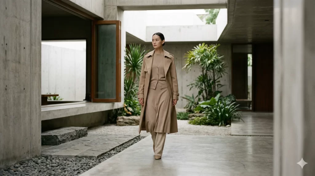 Stille luxe kleding met neutraal gekleurde basics in premium materialen als kasjmier en zijde, demonstreren verfijnde elegant